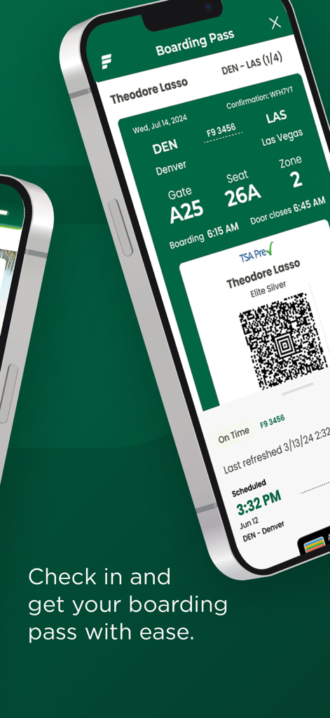 Carta d'imbarco digitale dell'app mobile Frontier Airlines con informazioni sul volo e codice QR