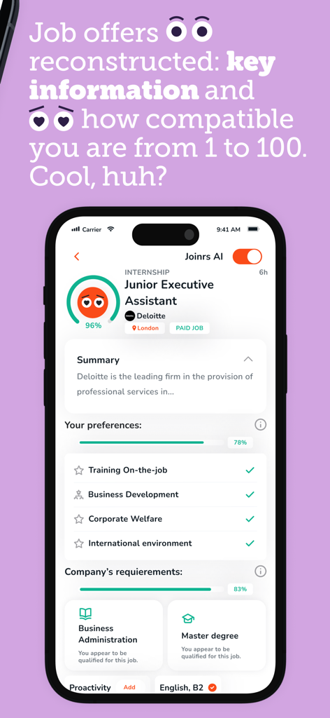 Joinrs - Job & Career - Joinrs app screen showing a 96 percent AI compatibility score for a Deloitte junior job role summary