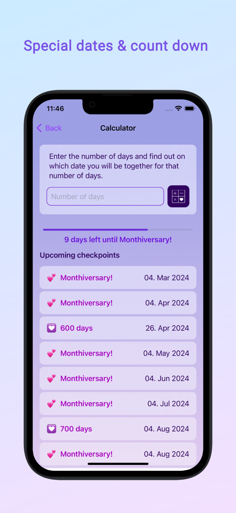 Been in Love - days counter - A screenshot of the Been in Love app showing a list of upcoming relationship milestones and a date calculator.