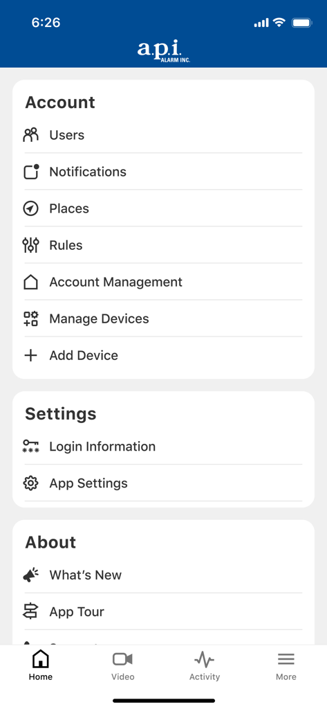 apiALARM - Screen of the apiALARM app displaying account management and settings options.