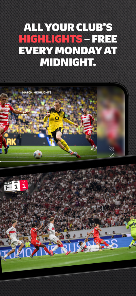 Bundesliga: Soccer Games, News - Screenshot of the Bundesliga app showing free soccer match highlights available every Monday