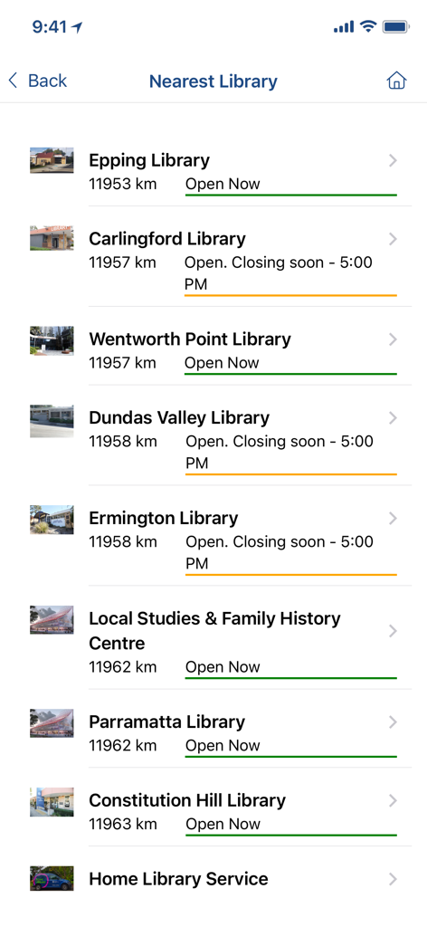 City of Parramatta Library - List of nearest library branches showing distances and opening hours