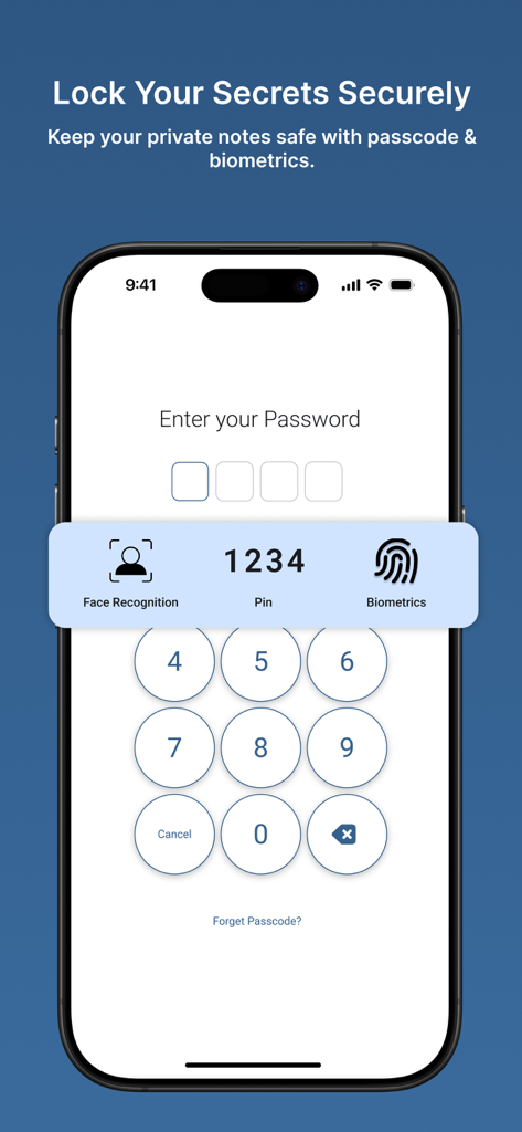 Daynote app secure lock screen with passcode and biometric options