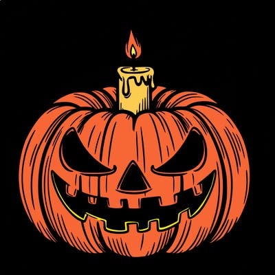 a halloween pumpkin with a scary expression and a glowing candle inside the pumpkin