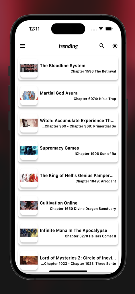 A mobile app screen showing a trending list of light novels including The Bloodline System and Martial God Asura with their latest chapter numbers.