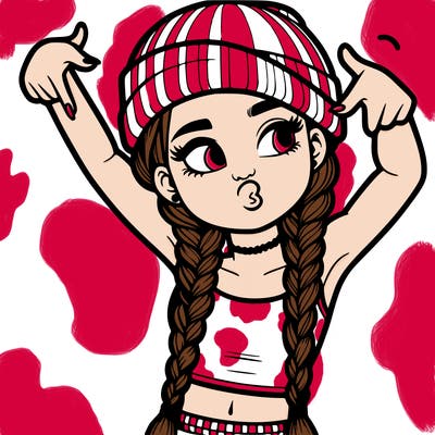 realistic teenage girl with braids and a beanie and crop top doing 🫶🏼