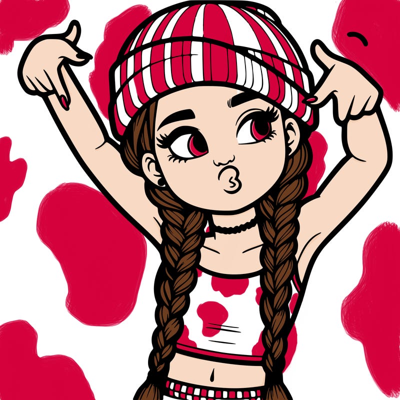 realistic teenage girl with braids and a beanie and crop top doing 🫶🏼