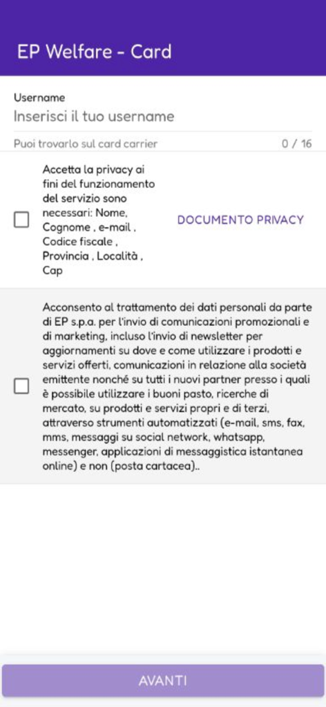 EP Welfare - Schermata di registrazione dell'app EP Welfare con campo di inserimento nome utente e caselle di controllo del consenso alla privacy