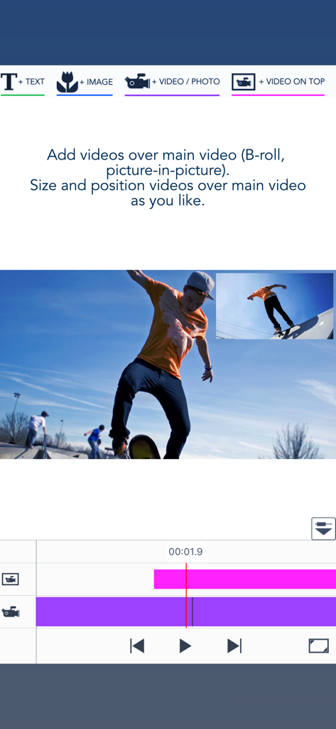Interfaccia dell'app Videocraft che dimostra il montaggio video picture-in-picture con filmati di skateboard