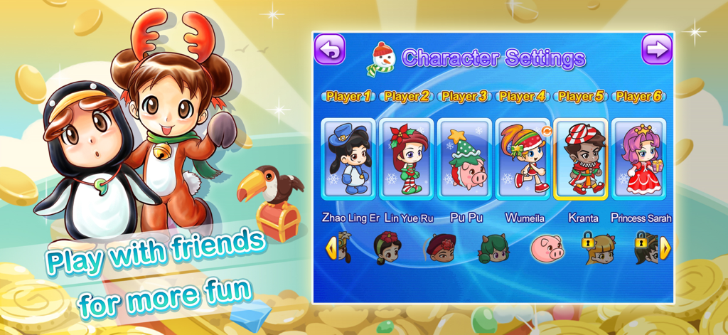 Character settings menu in Richman 4 Fun Lite showing a variety of cute chibi characters for players to choose from