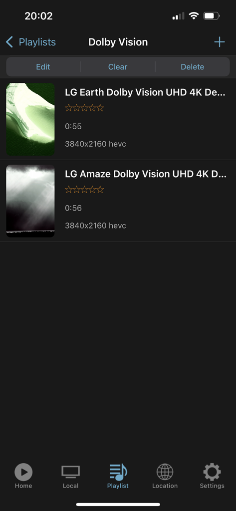 HD Playerプレイリスト画面に、HEVC形式の4K Dolby Visionビデオが表示されています