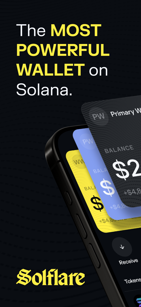 Solflare mobile App-Oberfläche, die Guthaben für digitale Assets und die Überschrift Die leistungsstärkste Wallet auf Solana anzeigt.
