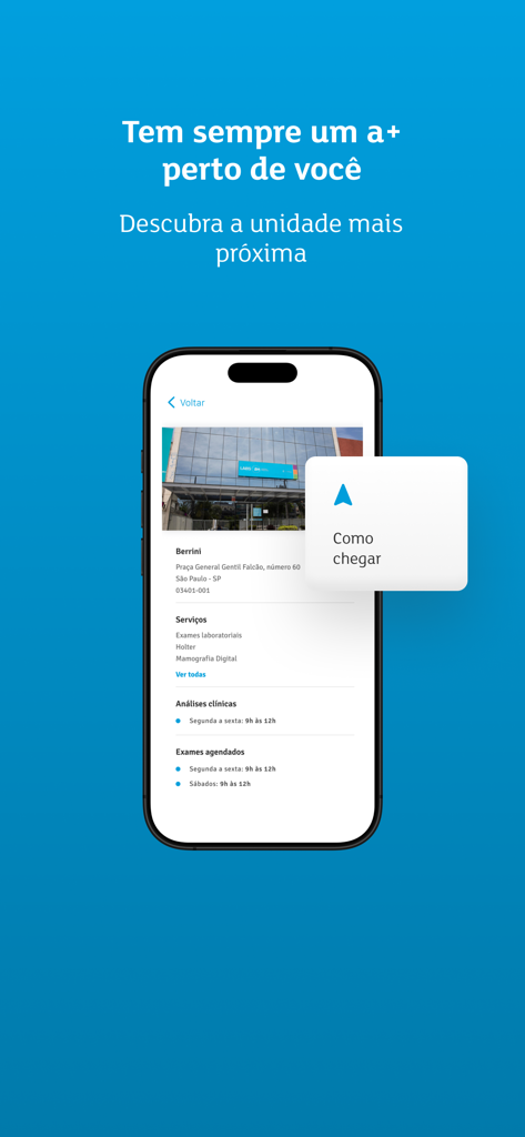 Labs a+ - Pantalla de la aplicación Labs a+ que muestra los detalles de la unidad de laboratorio y el botón de direcciones