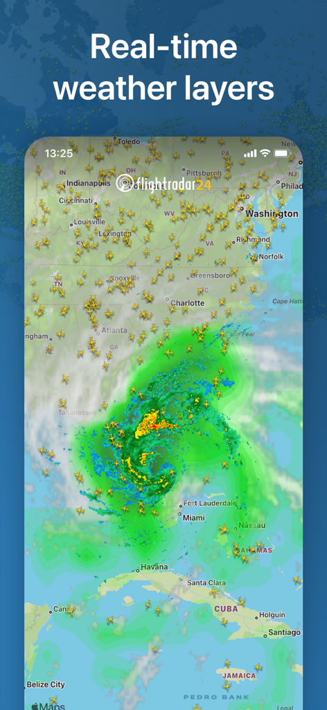 Flightradar24 app displaying real-time weather radar layers and live flight traffic on a map of the USA and Caribbean