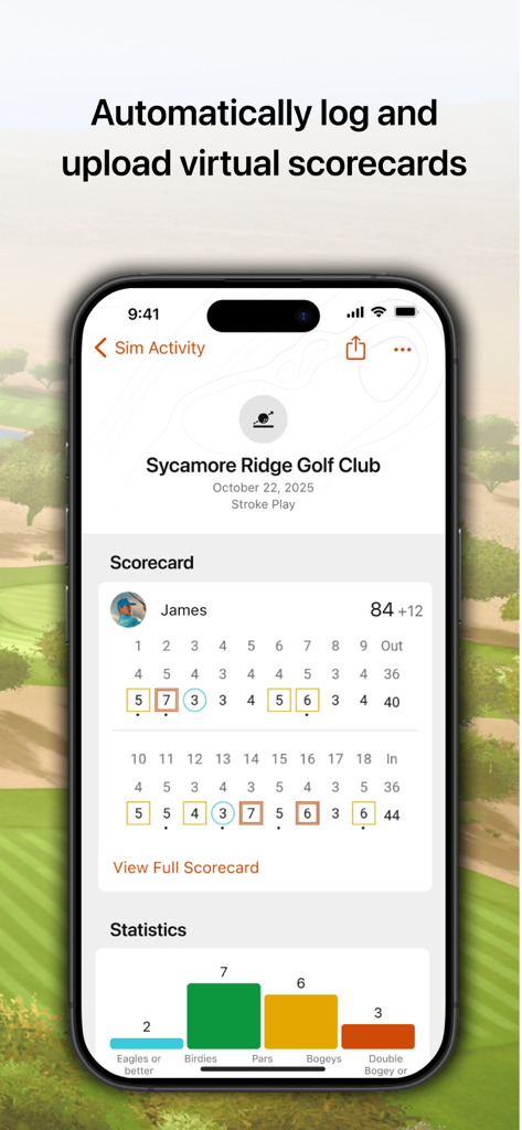 Home Tee Hero - Smartphone screen displaying a virtual golf scorecard and performance statistics from a simulator round.