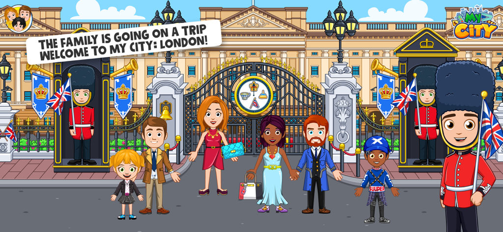 My City: London Trip Adventure - マイシティ・ロンドン・ゲームで、衛兵と共にバッキンガム宮殿を訪れるキャラクターたち