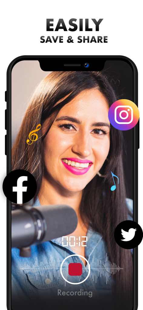 Voice Changer Women - Interface of Voice Changer Women app showing recording and social media sharing options