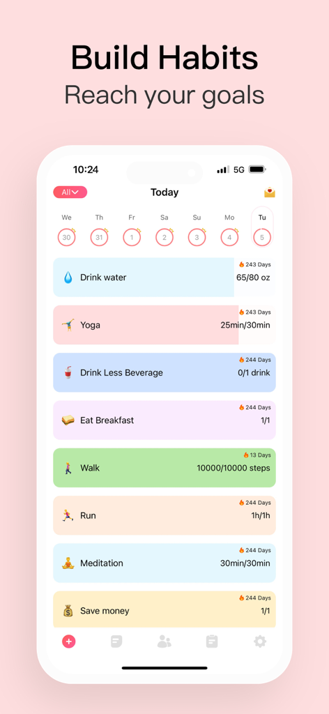 Habit Tracker app interface showing a daily list of wellness and productivity goals with progress streaks