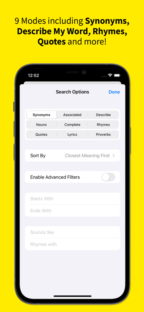 Search options screen in the OneLook Thesaurus app showing synonyms rhymes and advanced filters