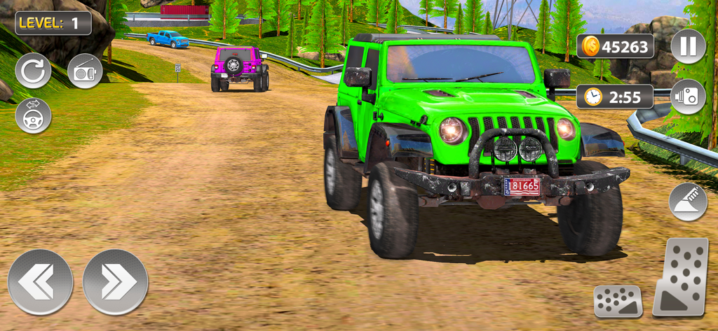 A green off-road vehicle driving on a dirt trail in a car simulator game