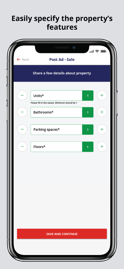 LankaPropertyWeb Property App - Interface of the LankaPropertyWeb app for specifying property features like units bathrooms and parking spaces when posting a new ad.