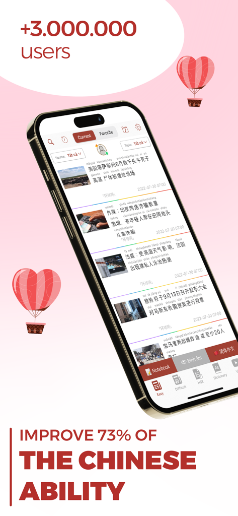 Todaii: Easy Chinese - Todaii Easy Chinese app news feed showing articles with pinyin and HSK levels to improve Chinese language ability