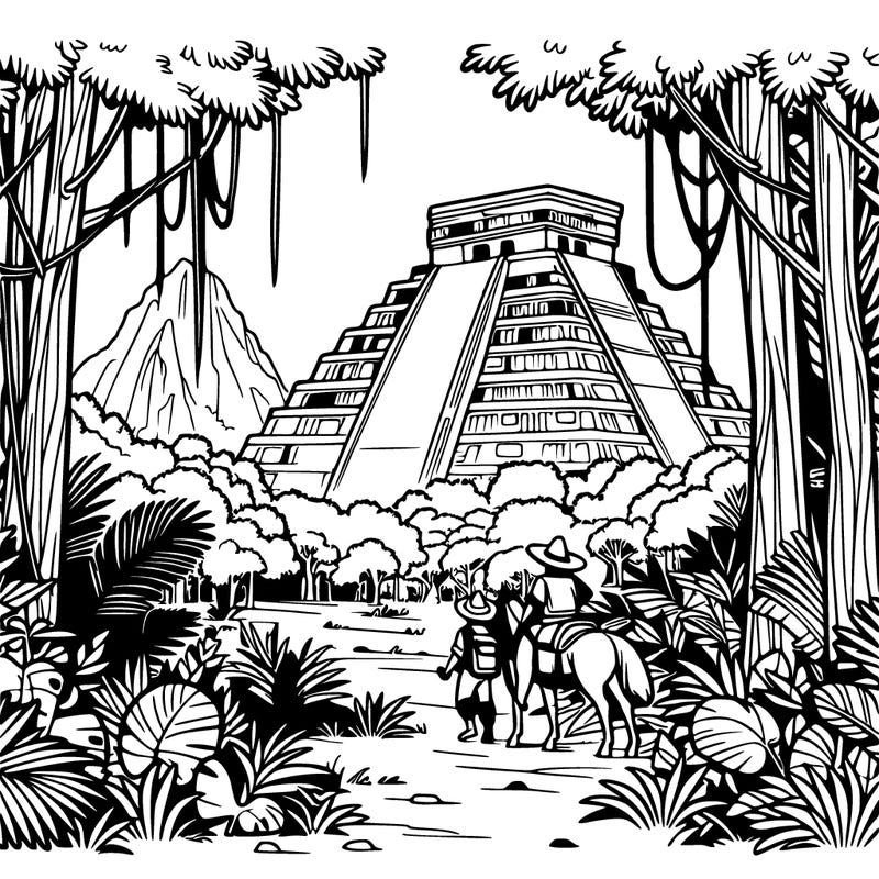 the itza arrive in a dense jungle and discover the imposing ruins of chichen itza, with its majestic pyramids covered in vegetation.
