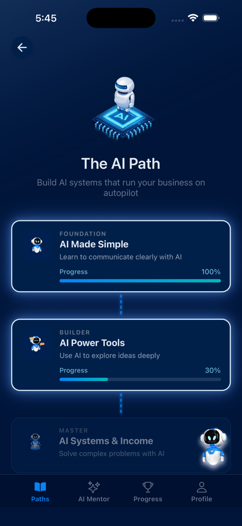 brAInify App - Oberfläche der brAInify-App, die die KI-Pfad-Lernmodule und den Benutzerfortschritt anzeigt.