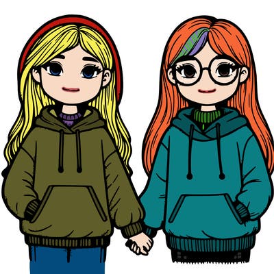 2 girls with long hair, one of them with glasses, in oversized hoodies and have lots of freckles holding hands