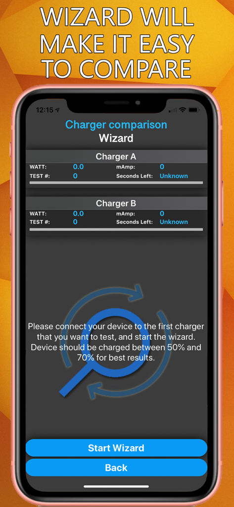 Interfaz de la aplicación Amperes 4 mostrando el asistente de comparación de cargadores para probar y comparar diferentes cables de carga y adaptadores de corriente.