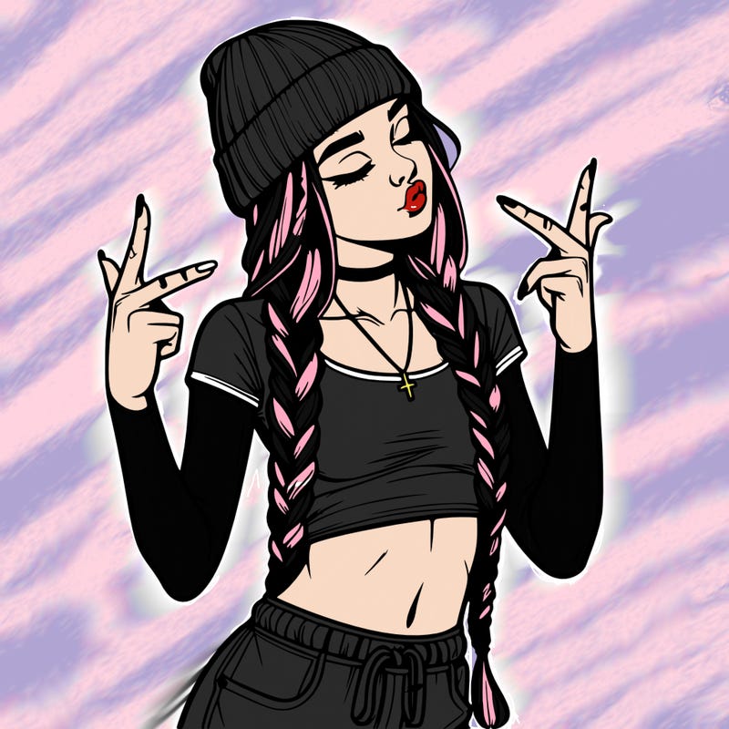 realistic teenage girl with braids and a beanie and crop top doing 🫶🏼