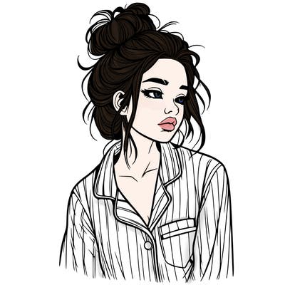 realistic woman with pajamas on and a messy bun