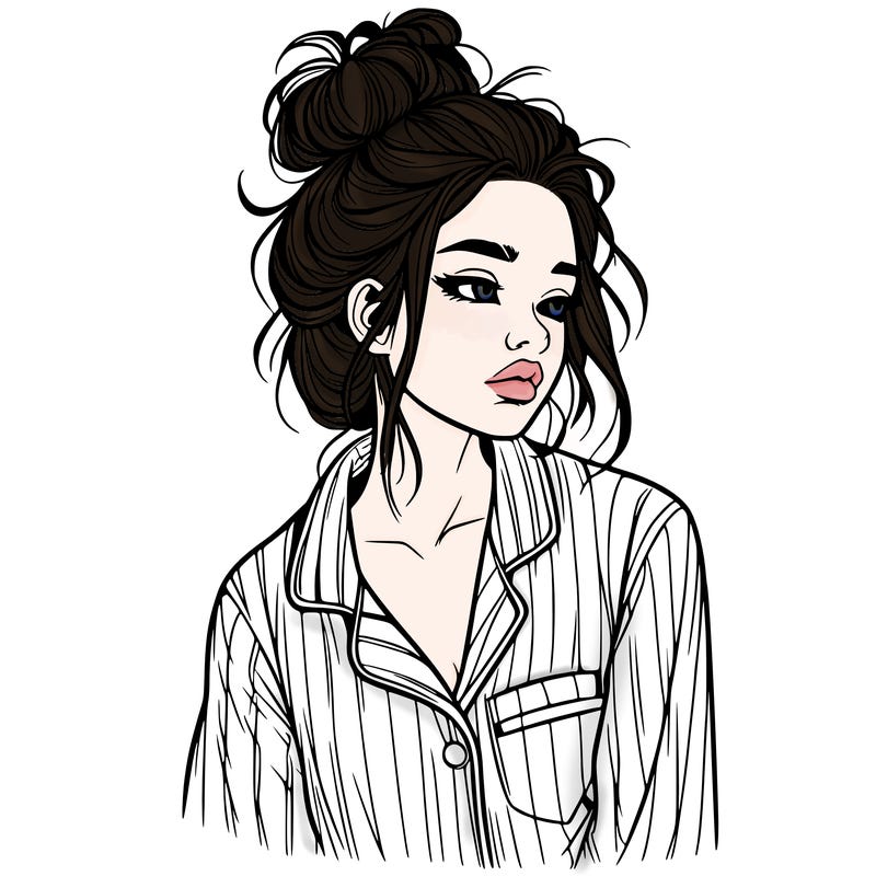 realistic woman with pajamas on and a messy bun