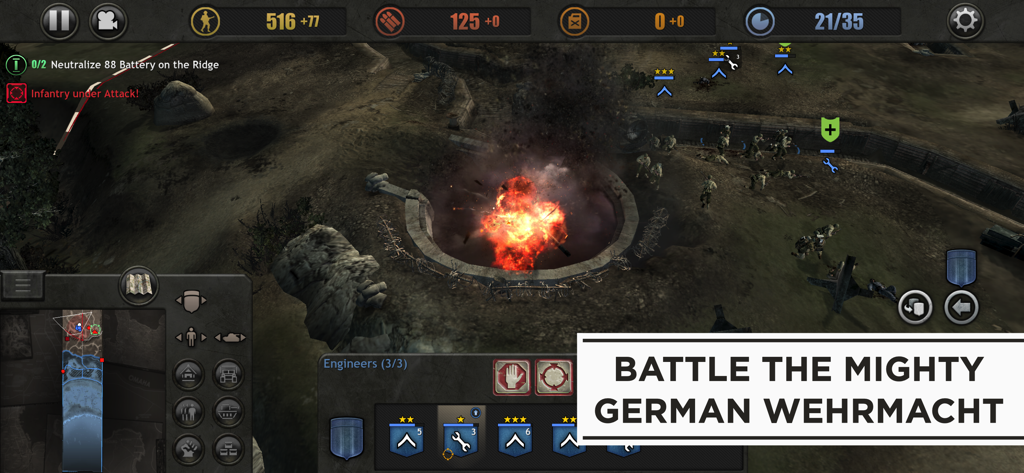 Company of Heroes - A tactical battle scene in Company of Heroes on iOS featuring a large explosion and squad based combat UI