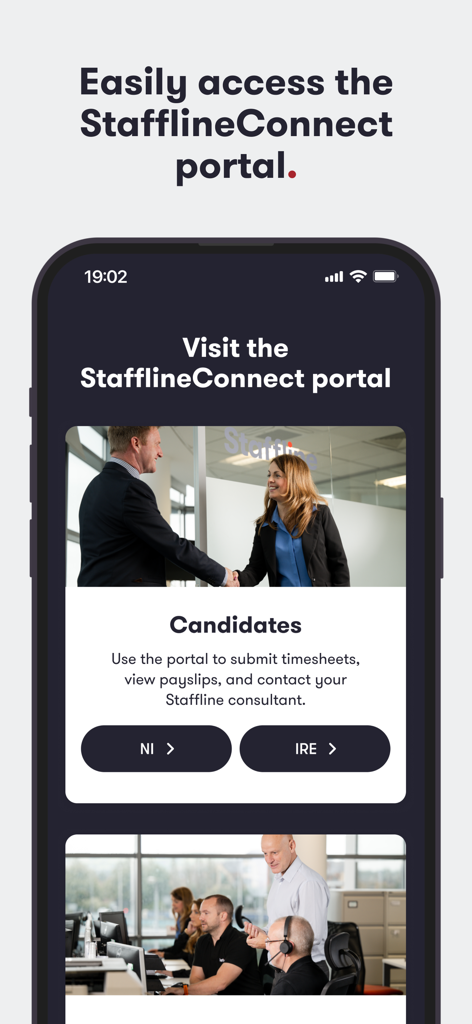 Staffline - Staffline app screenshot showing the StafflineConnect portal interface for candidates to manage timesheets and payslips in Northern Ireland and Ireland.
