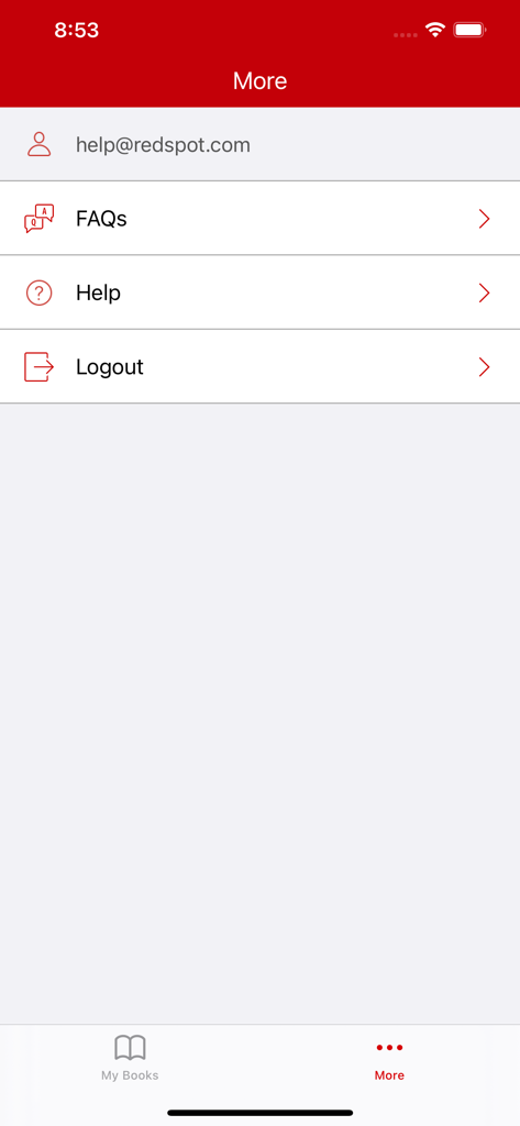 Écran de menu pour Redspot eBooks avec des liens d'aide et de FAQ