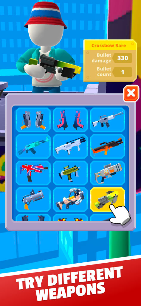 Personaje eligiendo una ballesta rara de una cuadrícula de diferentes armas en el menú de selección de armas