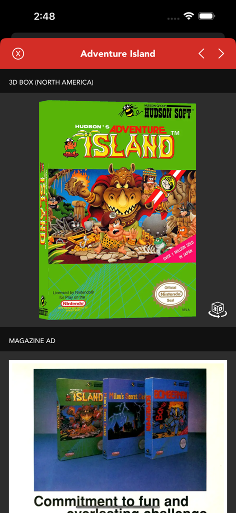 Adventure Island NES box art and magazine advertisement in the Ultimate Game Guide app