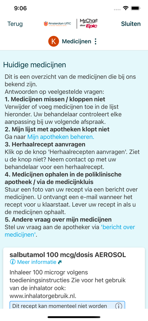Mijn Dossier Amsterdam UMC - Overview of current medications and prescription management in the Mijn Dossier Amsterdam UMC app.