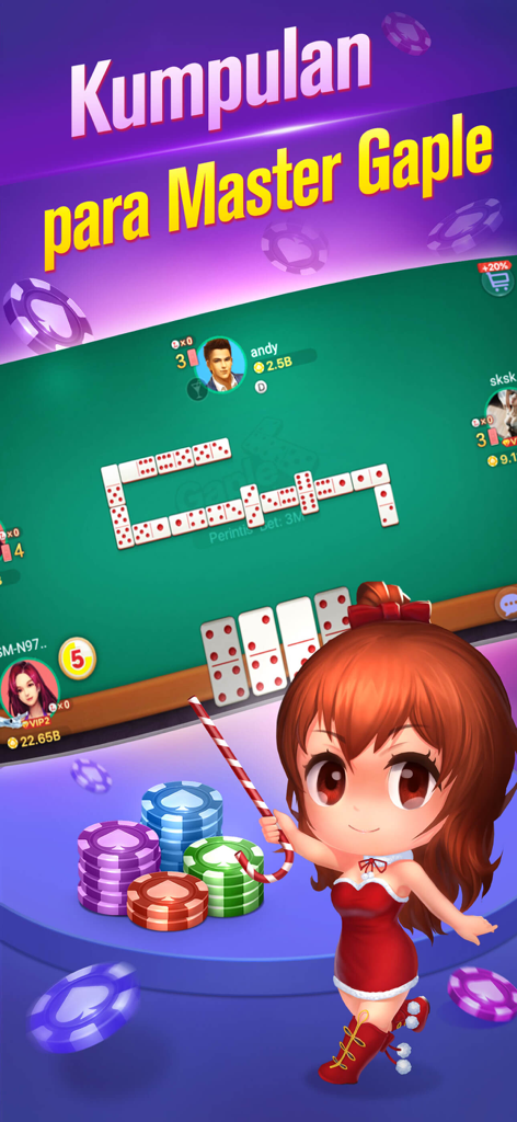 Poker Online: Texas Holdem - Interface de jeu mobile montrant un match de domino Gaple avec une mascotte d'anime mignonne et des jetons de poker colorés