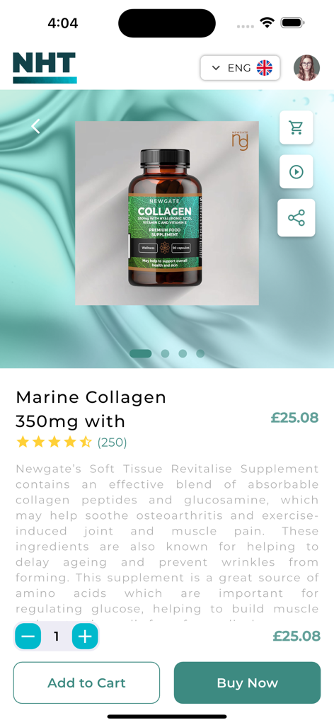 NHT E-Commerce - Página de produto do aplicativo móvel NHT E-Commerce mostrando suplementos de Colágeno Marinho com preço e opções de compra.