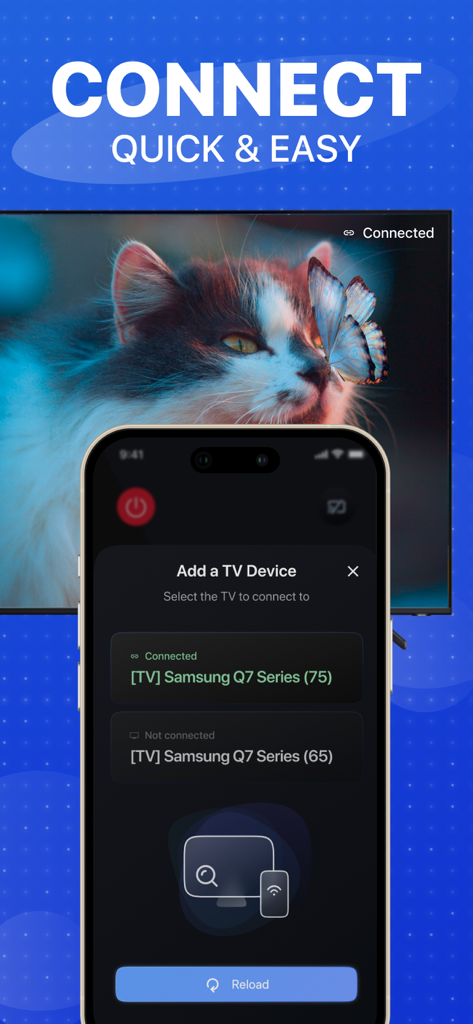 iPhone screen displaying the connection setup for a Samsung Smart TV in the TV Remote app.