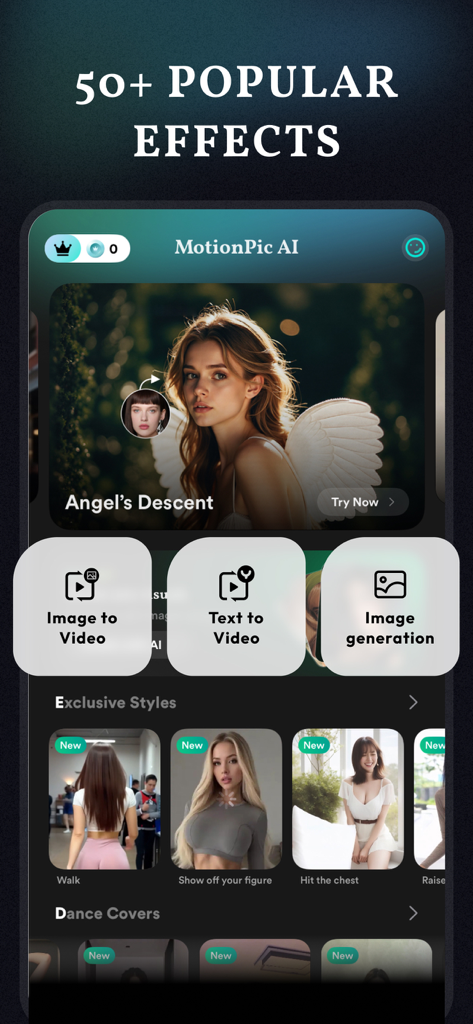 MotionPic AI - MotionPic AI app interface featuring popular photo to video and text to video effects