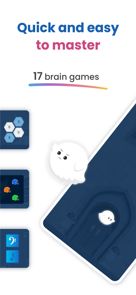 Mindfit - Brain Training Games - Screenshot of Mindfit app featuring seventeen brain games that are quick and easy to master