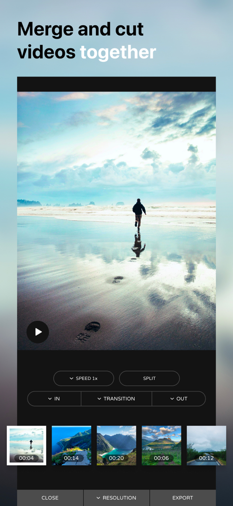 Ultralight app interface showing video editing tools to merge and cut clips with a cinematic beach scene preview.