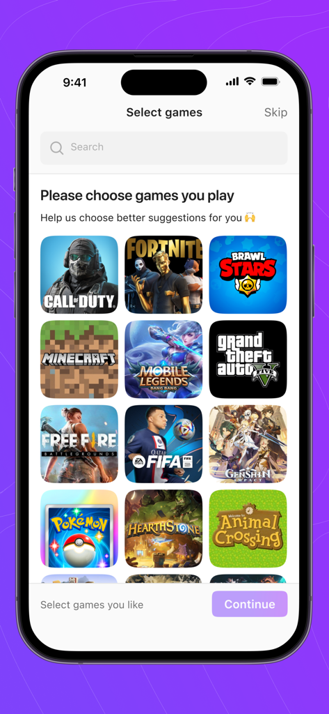 Gameram: Find gaming teammates - Une interface mobile montrant une liste de jeux populaires à sélectionner dans l'application Gameram.
