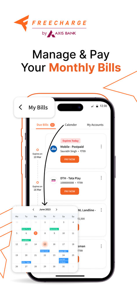 Freecharge app interface showing monthly bill management with a calendar view and payment options for mobile and DTH services