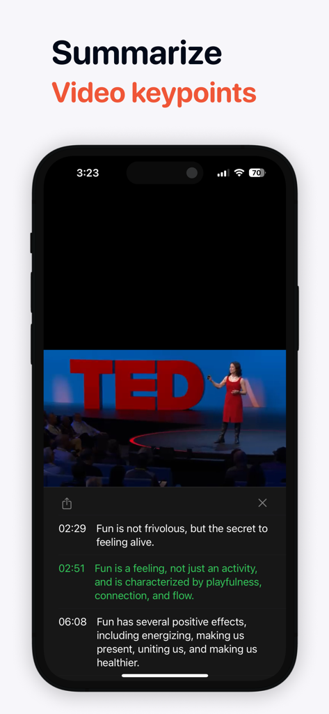 iPhone-App-Bildschirm, der KI-generierte Kernpunkte und Zusammenfassungen für ein Video anzeigt.