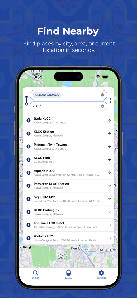 Zupp - MRT, LRT Public Transit - Zupp app search results for KLCC showing nearby stations and landmarks in Kuala Lumpur
