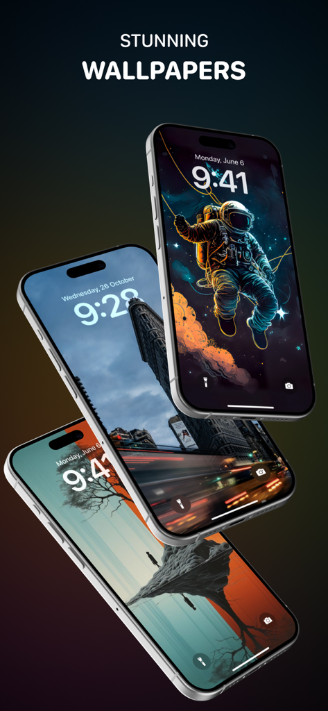 Drei iPhones, die verschiedene atemberaubende 4K-Hintergrundbilder zeigen, darunter ein Astronaut, eine Stadtlandschaft und eine abstrakte Landschaft